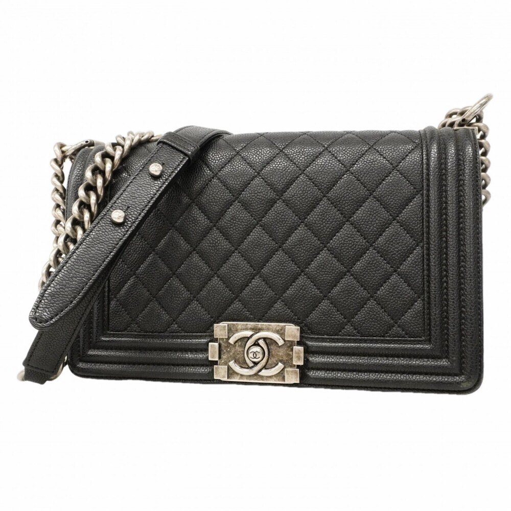 Chanel Boy Chain Shoulder Bag, Caviar Leather, Black, Women's OP006524